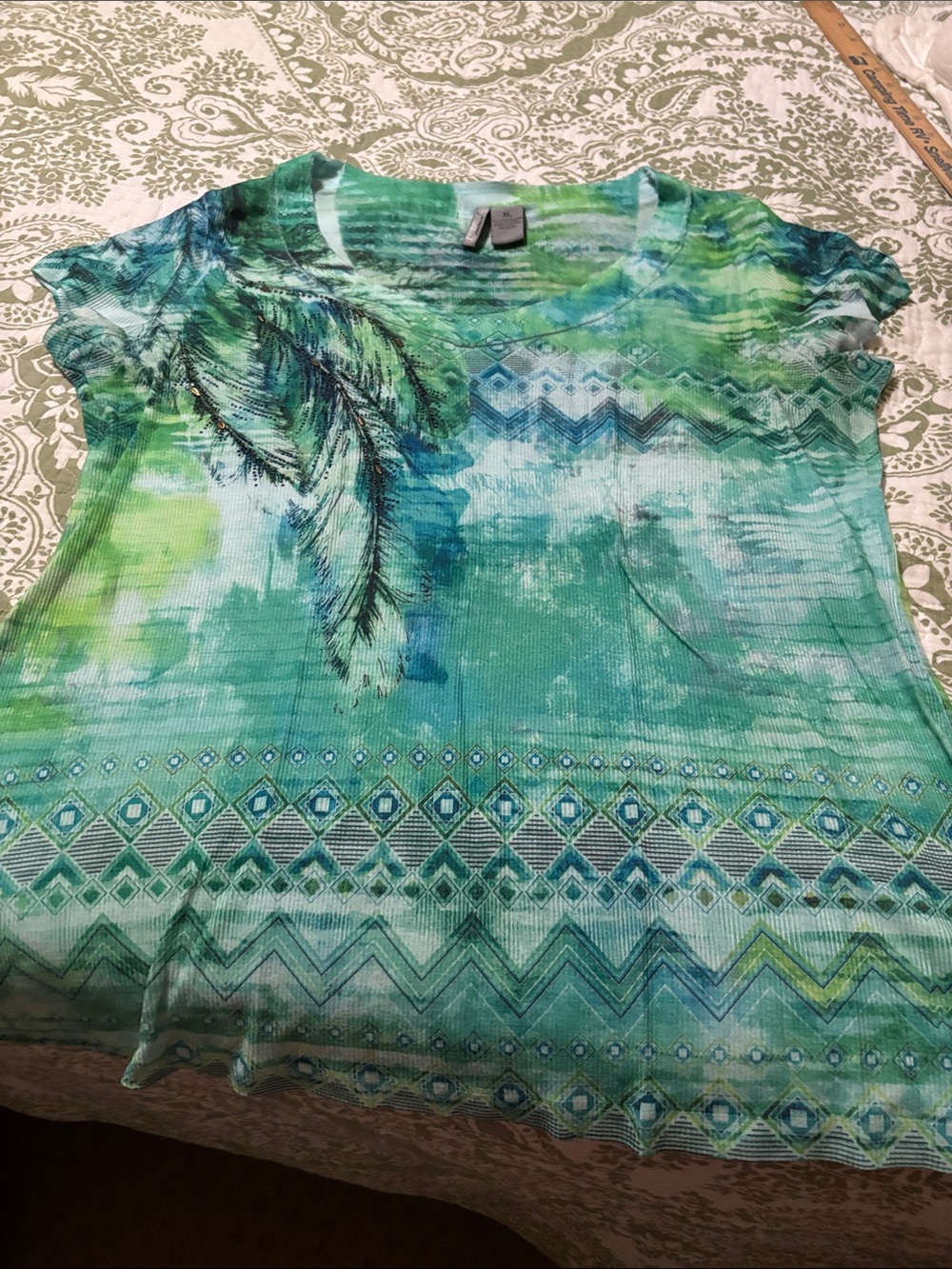 new directions Green and Teal Tropical Print Short Sleeve Tee